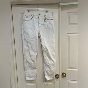 Vintage  St John Ivory Cotton Denim High Rise Gold  Button chain spell out jeans